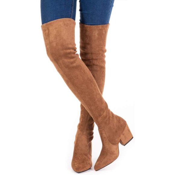 Women Brown 3"heel Over the Knee Thigh High Suede Block Long Pointed toe Boots - Picture 5 of 7